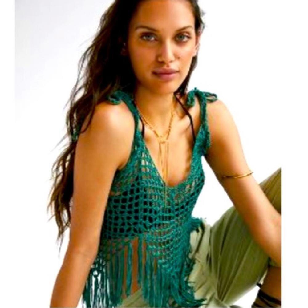 Anthropologie Teal Crochet Fringe Top
